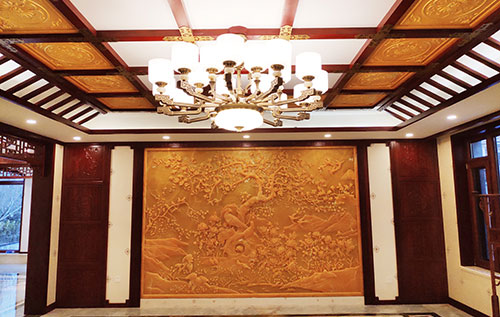 顺德中式别墅客厅中式木作横梁吊顶装饰展示